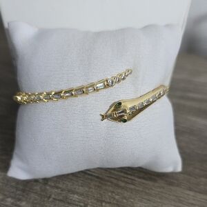14k Gold Plated Snake Green Eyes Cuff Bracelet with Crystal Accents